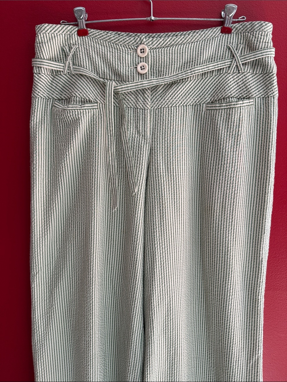 Anthropologie Elevenses Green & White Striped Seersucker Wide Leg Trousers Sz 14